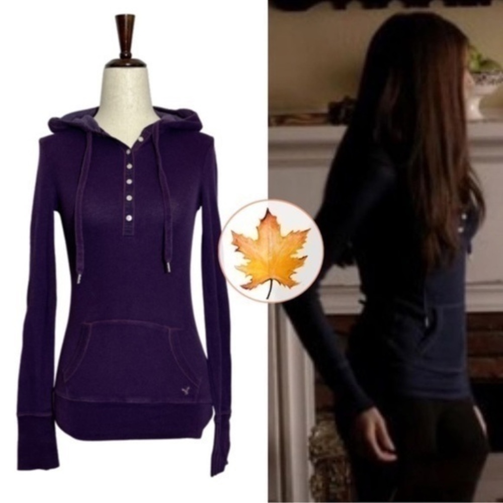 American Eagle • Hooded Long Sleeve Thermal Henley Top S Plum ASO Elena Gilbert